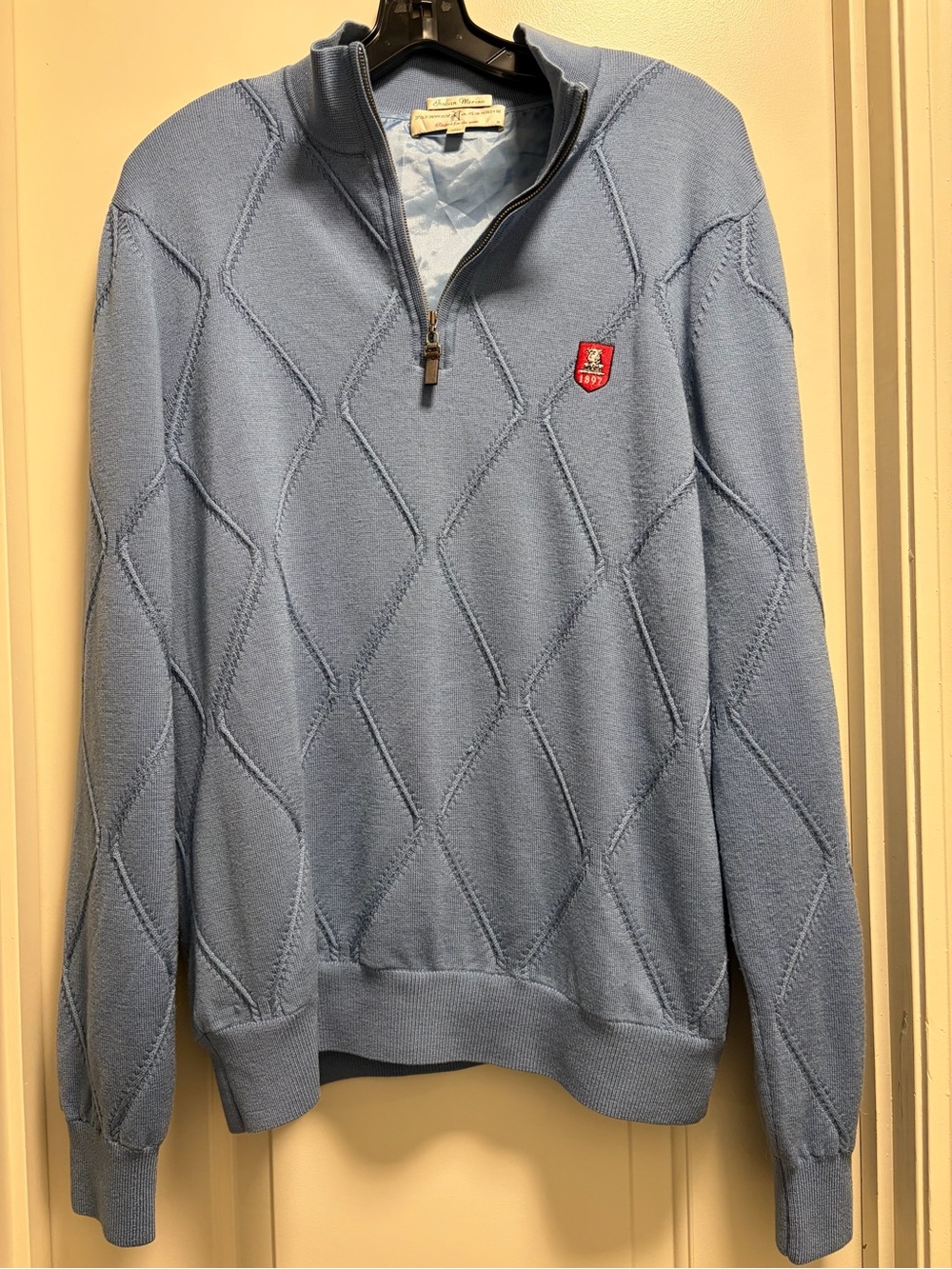 Fairway & Greene Italian Merino Wool Quarter-Zip Wind Sweater HVCC Large Blue